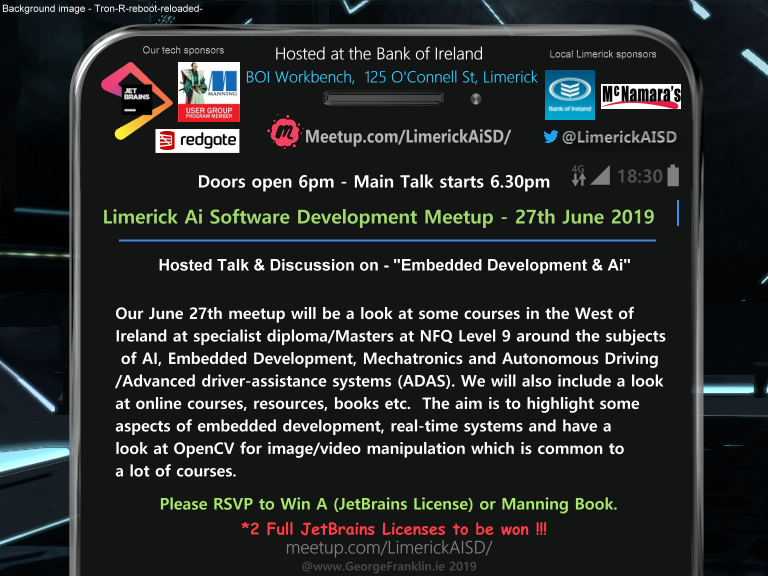 Our next Limerick Ai meetup is on Thursday June 27th. A Big Thanks to our sponsors <a href="/jetbrains/">JetBrains</a> and <a href="/ManningBooks/">Manning Publications</a> Publications for the raffle prizes. Also the <a href="/bankofireland/">Bank of Ireland</a> for the workbench meetup location. 
meetup.com/LimerickAISD/e…