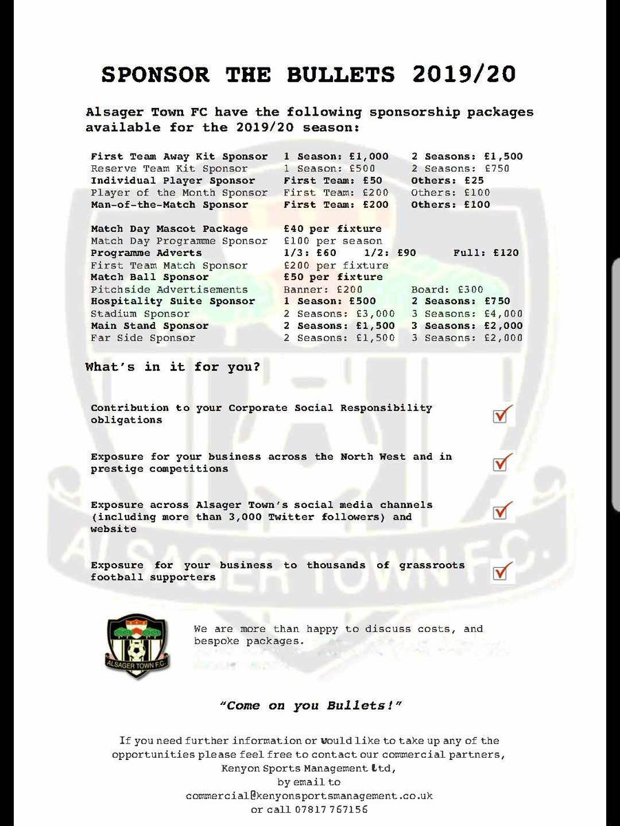 alsagertown_fc's tweet photo. Plenty of sponsorship opportunities available with @alsagertown_fc
Please contact @KenyonSportMgmt for further details
#BackTheBullets https://t.co/p1dP3hU69k