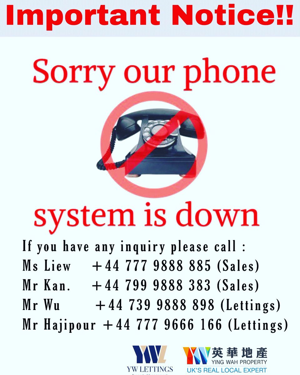 YingWahProperty's tweet photo. ⚠ Ying Wah phone system down ⚠
We are working on it, please contact us through WhatsApp, WeChat, or Email until further notice. https://t.co/V1dwJLhRmM