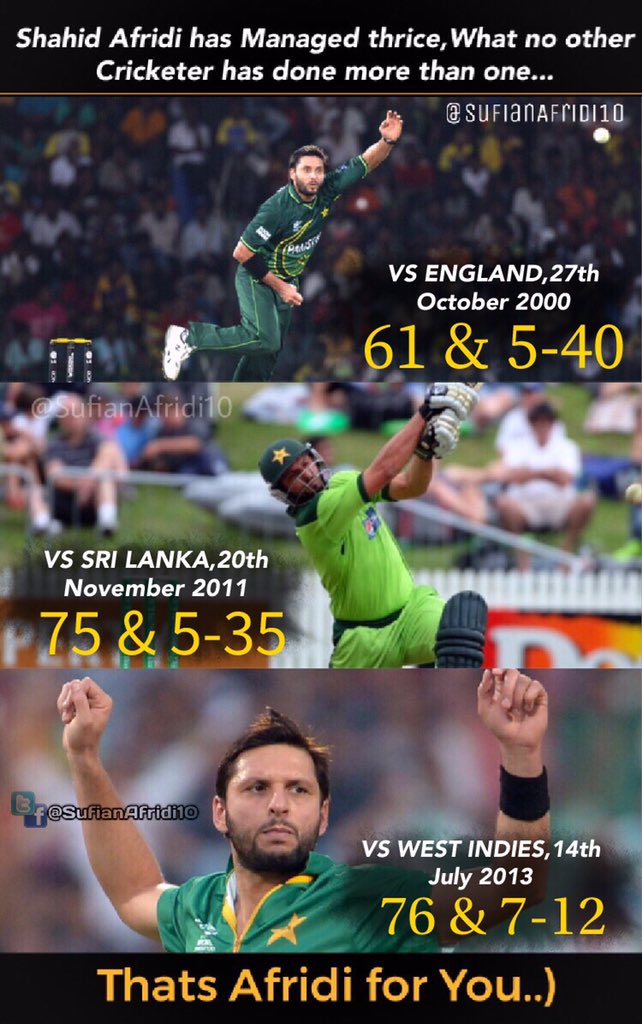 Yesterday Shakib became 18th player to take 5 wkts haul and score more than 50 runs in same Odi, No one in Odi history done this twice but our very own @SAfridiOfficial done this three times

60runs & 5wkts vs Eng 2000
75runs & 5wkts vs SL 2011
76runs & 7wkts vs WI 2013
#Legend