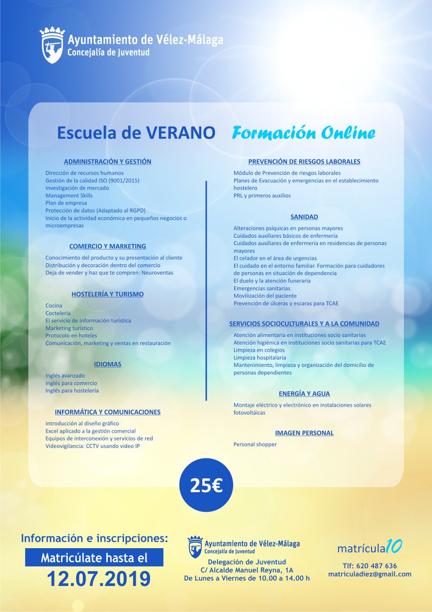 Tienes hasta el 13 de septiembre para completar un curso, o dos o tres ¡los que quieras! Inscríbete en la Concejalía de Juventud, de lunes a a viernes de 10.00 a 14.00 horas