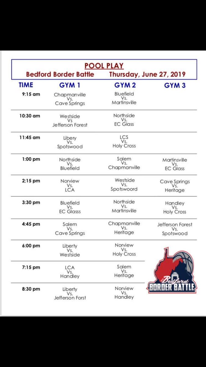 claydb's tweet image. Schedule for the Bedford Border Battle this Thursday.  Looks like LCS is a typo and it should be LCA.  LCA plays at 11:45, 2:15 and 7:15 if this schedule doesn’t change.  @predgate24  @LCA_Athletics  @LCA_BoysBB