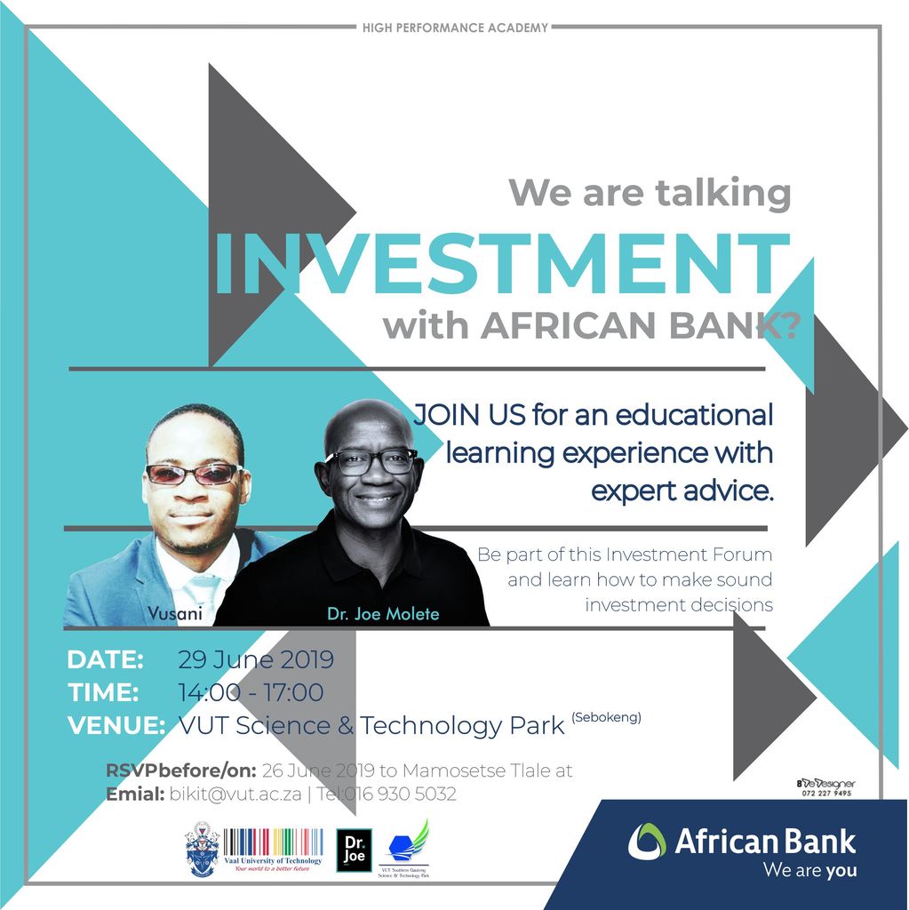 drjoemolete's tweet photo. If you are around the Vaal on Saturday, Jun 29 @ 2pm you can attend this investment session at the VUT Science Park in Sebokeng. African Bank is supporting this initiative and they are keen to inform you about investments as well as explore ways to partner with you https://t.co/duxytLrffP