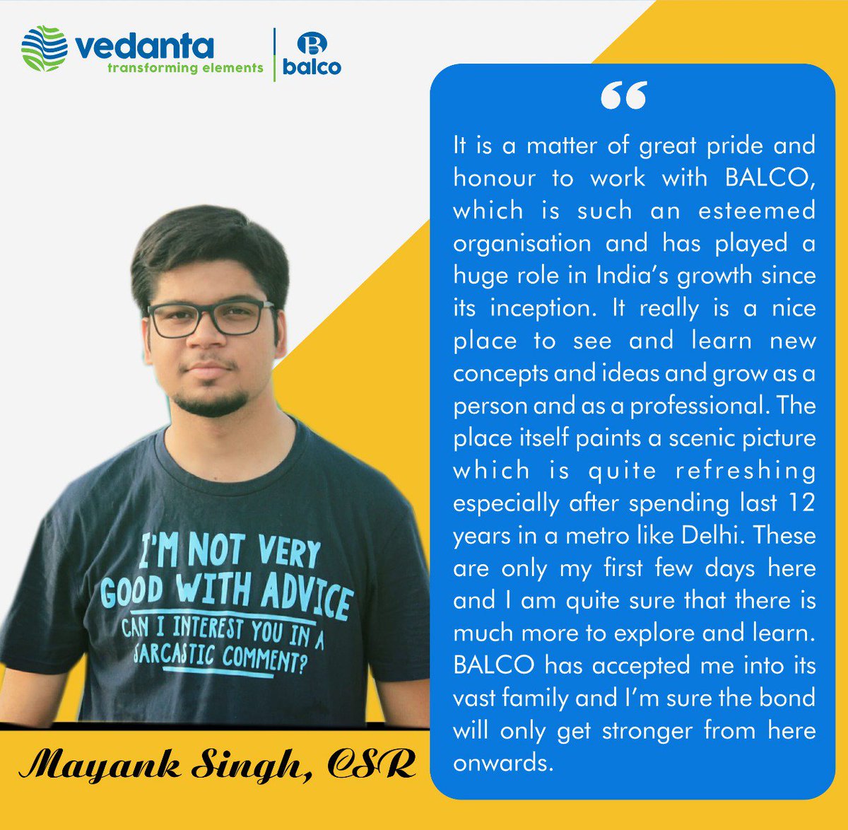 Balco_India's tweet photo. This week we have Mr Mayank Singh, CSR, to share his thoughts on his life at Balco. 

#LifeAtBalco #Campaign #Balco https://t.co/3FcYW1ckLa