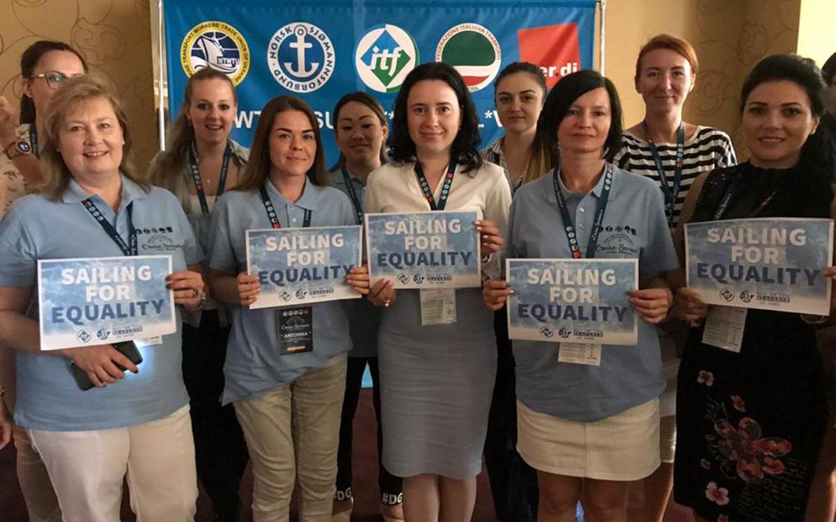 ITFglobalunion's tweet photo. Women seafarers celebrating #DayoftheSeafarer at Cruise Seminar in Odesa. As gender equality is this year's theme, today we thank #ITFWomen for the vital role that they play in the maritime industry and commit to promote more opportunities for women to join the industry. https://t.co/Vhp3oYSyTE