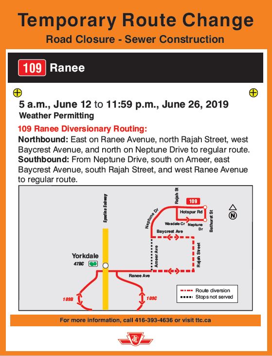 TTChelps's tweet photo. Due to sewer construction, please note that there will be a temporary route change on the 109 Ranee route from 5am on June 12, 2019 to 11:59pm on June 26, 2019. https://t.co/rDrFUb4On2