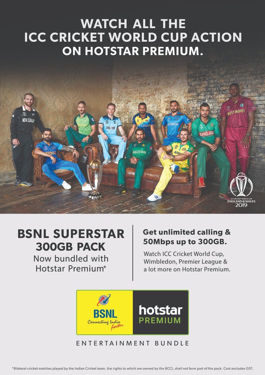 BSNLCorporate's tweet photo. Get the #BSNL Superstar 300 GB pack &amp; catch all the action at ICC Cricket #WorldCup2019 on #Hotstar. 
#CricketCrazy #BSNLChauka
Toll-Free No. -1800-345-1500 https://t.co/VlAJL2st2q