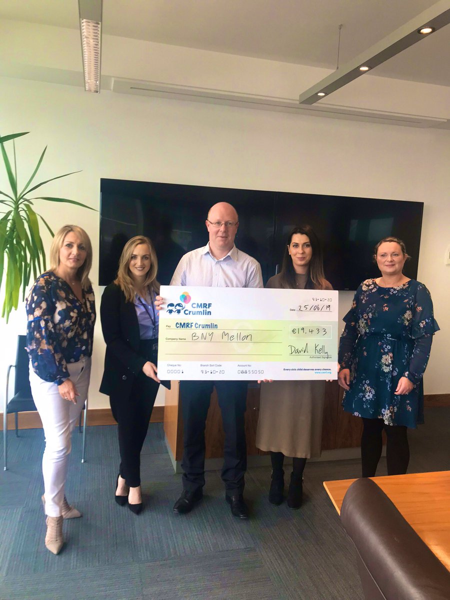 natwex's tweet photo. @BNYMellon  Ireland site leads &amp; staff representing Cork, Dublin &amp; Wexford present cheque of €19,433 to @CMRF_Crumlin for BNY Mellon Day on the Greenway fundraising event organised by #HEART. Congrats to all who made this happen #bebnymellon #csr #teamwork #savethedate140919 https://t.co/eLPRapISEp