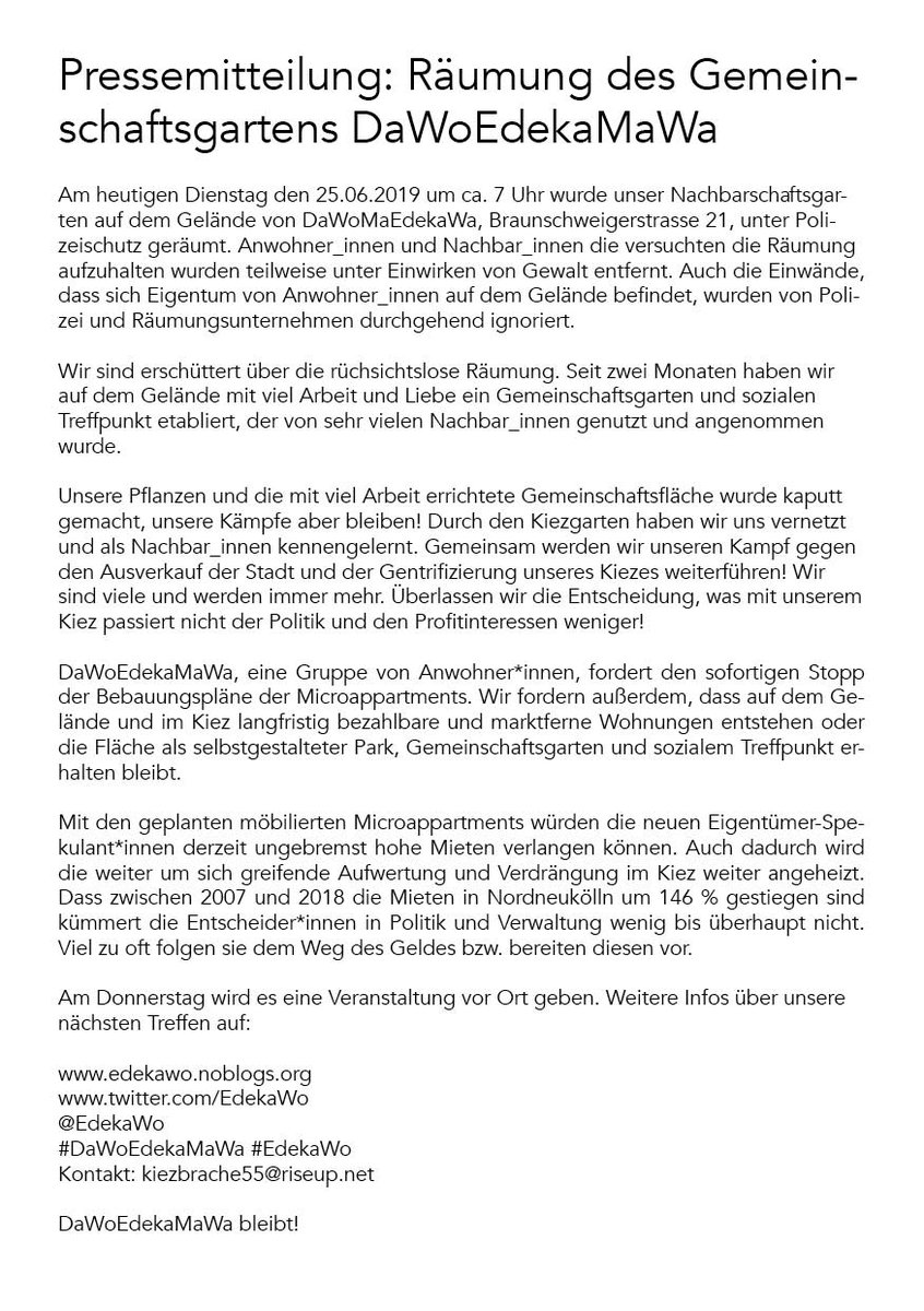 EdekaWo's tweet photo. Unsere Pressemitteilung zur heutigen Räumung des Gemeinschaftsgartens #DaWoEdekaMaWa #EdekaWo #Neukölln #Berlin #FreiräumeErhalten #besetzen #Mieten #Mietenwahnsinn @GoaGoaZwerg https://t.co/xni54FbQcc