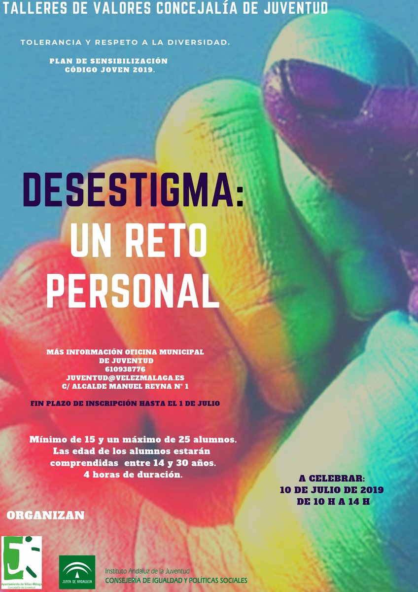 Taller Código Joven del <a href="/IAJuventud/">Instituto Andaluz de la Juventud</a> : Desestigma: un reto personal ¡Desmonta mitos acerca del colectivo #LGBTI!
Plazas limitadas, actividad gratuita.