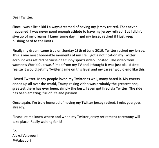TheMestarit's tweet photo. Dear @Twitter.

Regards from @Valavuori. He is truly honored of having his Twitter jersey retired. https://t.co/fCyWUPkQMW