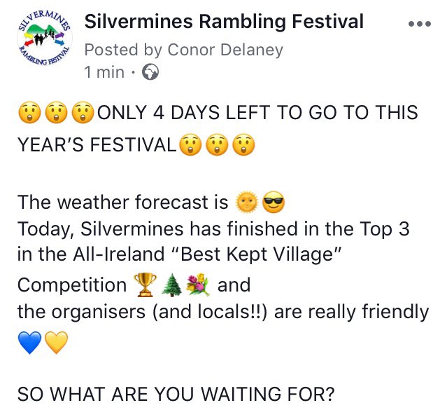 SilverminesFest's tweet photo. SRF2019 - WHO’S GOING?? @NenaghGuardian @silvermines_gaa @smenhancement1 @SilverminesLgfa @SilverminesNS @TheMinesCamogie @nenaghormondrfc @nenagheireog @PepesNenagh @NenaghMD @NenaghPlayers @Nenagh_ie @IrelandWalking @portlawtrails @VeeWalks @NenaghArts @NenaghTennis @TippFM https://t.co/g6snihpM0S