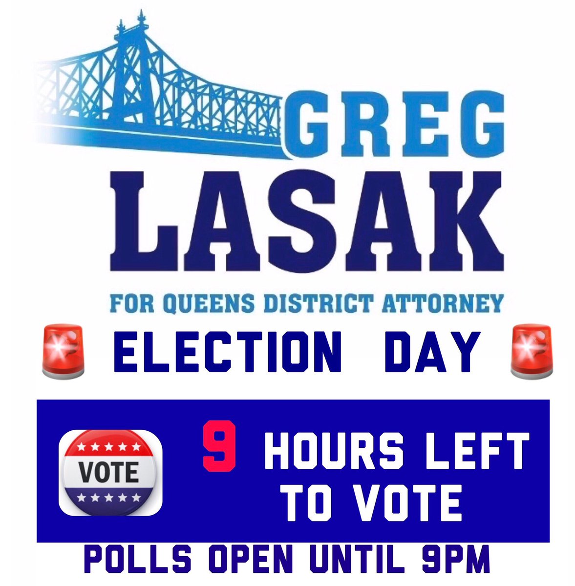GregLasak's tweet photo. Are you able to vote on your lunch break? Your ballot can make the difference today so make sure you get to the polls and vote for Greg Lasak #QueensDA. https://t.co/6njMiSSi8O