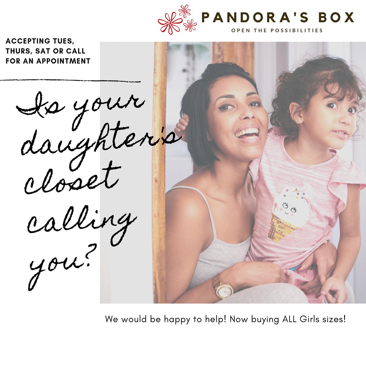 Now buying all girl sizes! Accepting on Tuesday, Thursday, and Saturday! Or call for an appointment!
#NameBrands4Less #pandorasboxresale #girlclothing