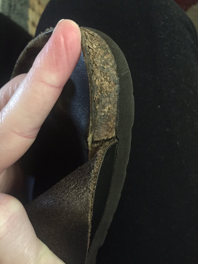 The_Jill's tweet photo. @allBirkenstocks is there a way to condition or prevent the cracking by the strap? I’ve sealed the other edges but can’t get under the leather. #help #birkenstock #birkenstockdamage #shoefix https://t.co/letEWqtG2Z