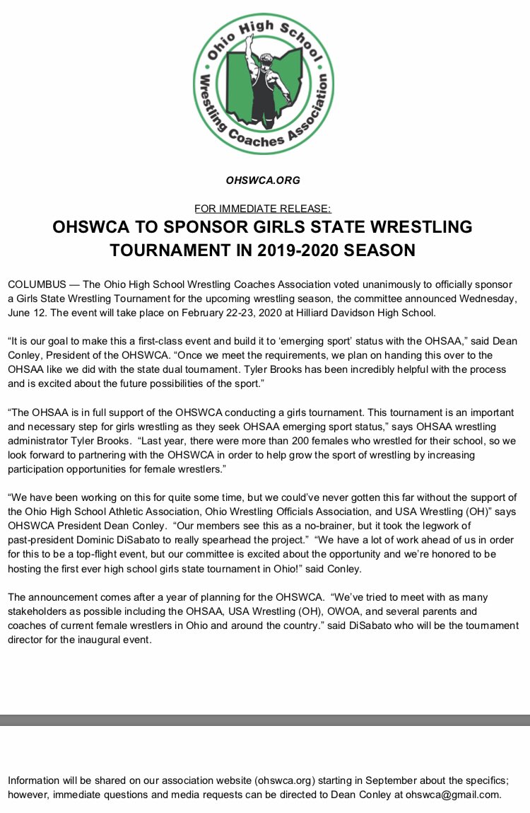 HUGE NEWS!!! 
The day has finally arrived!!! 
Ohio’s first high school state tournament will be February 22-23, 2020 at Hilliard Davidson High School, just outside Columbus.  
The press release just came out from <a href="/ohswca/">The Ohio High School Wrestling Coaches Associaton</a> and is the first step to getting sanctioned by <a href="/OHSAASports/">OHSAA Sports</a>
