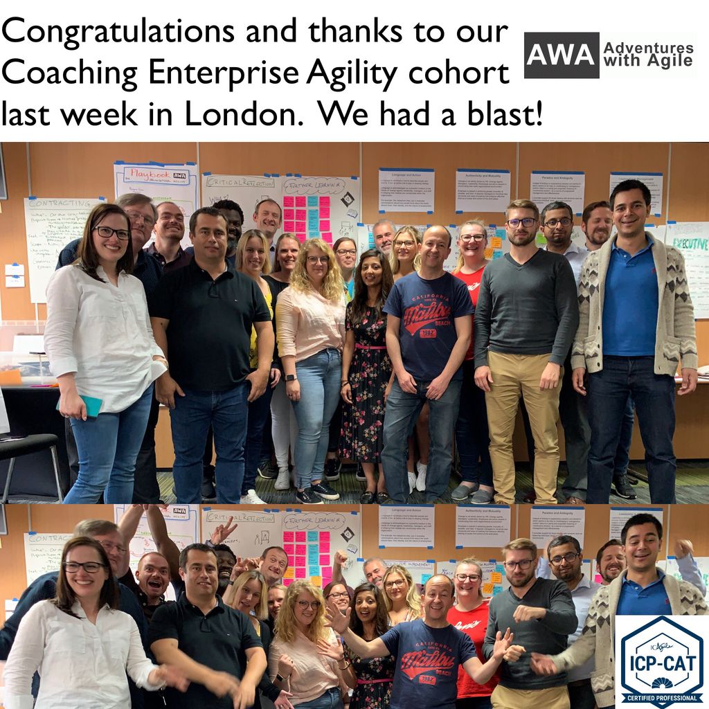 GeorgFasching's tweet photo. This 18 strong Coaching Enterprise Agility cohort banded together last week in London, exploring and showing how to bring the whole organisation along in its journey of meaning and development.
Thank you all! What a blast it was!
@agileadventures @ICAgile #icpcat https://t.co/SuEO5BMTMk