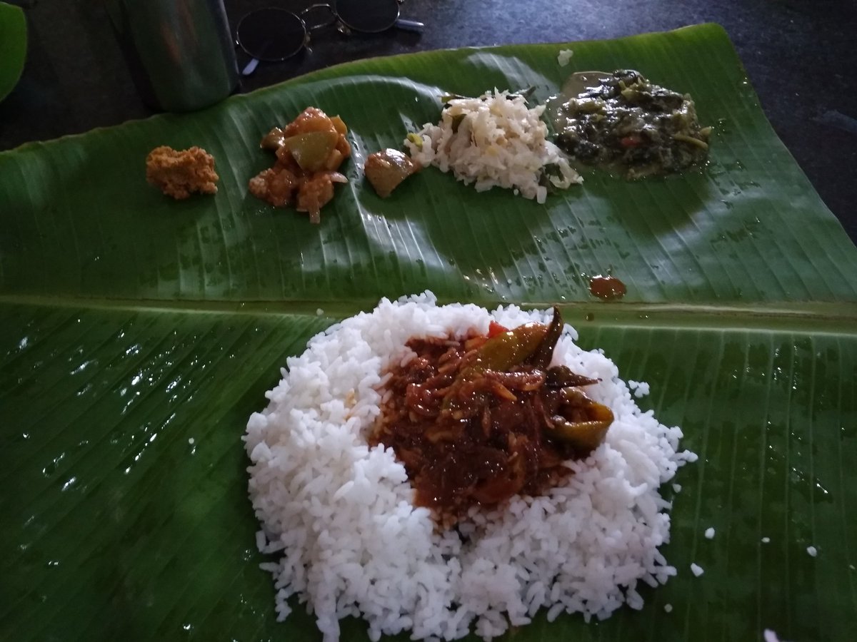 It was almost 340 and we stopped at the only place open for lunch. Fish meals for Rs. 80. Paruppu thogaiyal, Mandi, Cabbage thoran and Greens kootu with rice and the most intense fish cury. The remnants of vilangu meen fry prove how tasty they were.