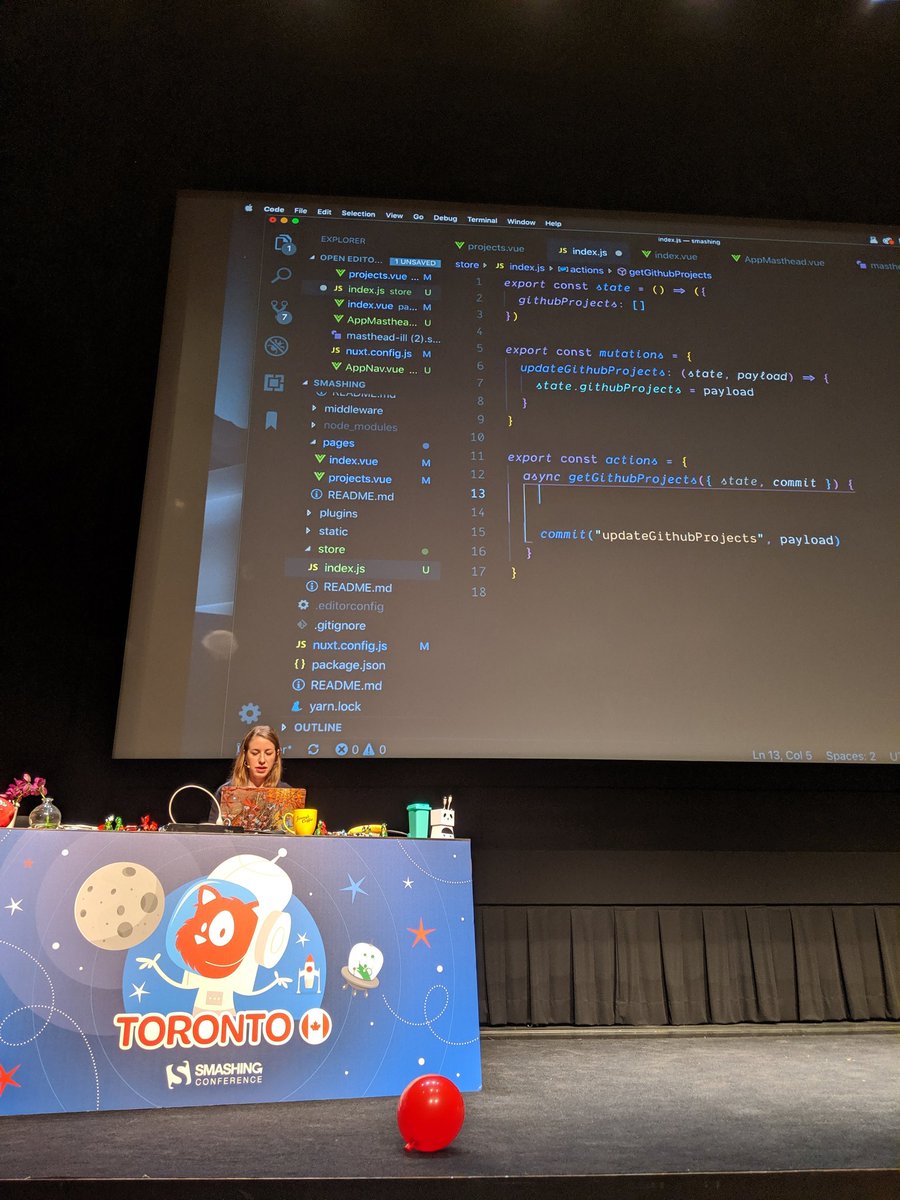 AlexOkrushko's tweet photo. In 45 mins @sarah_edo:
- creates SSR Vue app
- with multiple routes
- beautifully styled (with flex grid)
- SVG animated
- calls 3 party APIs
- hooks up state management
- pushed to GitHub
- and deployed

Incredibly impressive!

@smashingconf #SmashingConf https://t.co/omN3EB3cVT