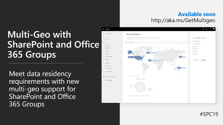 SharePoint's tweet photo. Multi-geo capabilities for #SharePoint and #Office365 Groups are generally available. https://t.co/VyHmwzwuwe https://t.co/mQgTNdgjOb