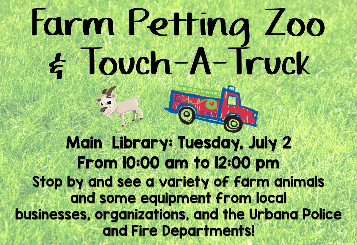 ChampCoLibOH's tweet photo. One week from today - instead of Summer Storytimes -- we've got an awesome Touch-a-Truck coming to the library with some cute critters to pet, too! https://t.co/woSFZG9XxB