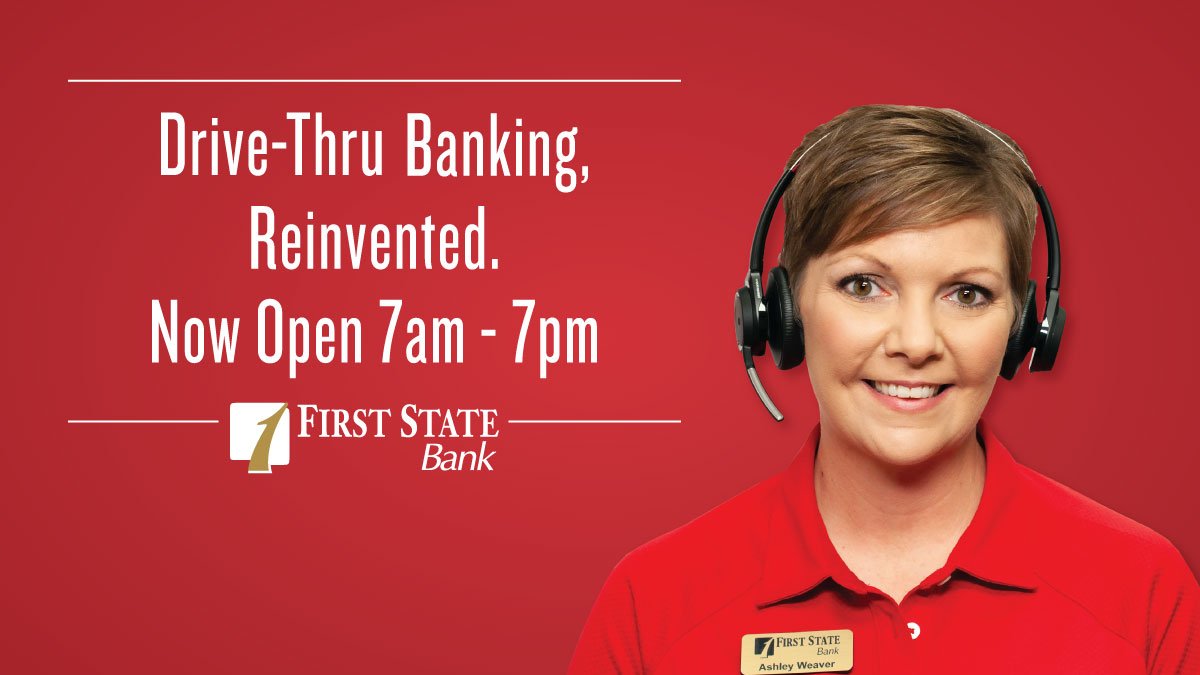 It's here! 🎉 7-7 ITM Banking Monday through Friday at First State Bank starts now! You can now bank 7am-7pm at our ITMs at N. Arkansas Ave., Downtown, and Ola branches.