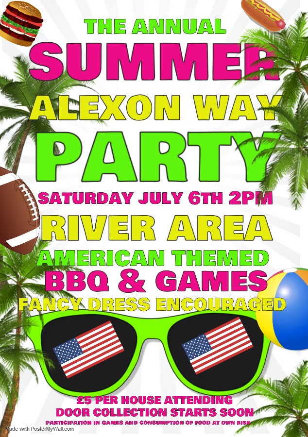 AlexonWayResi's tweet photo. Not long to go for our annual @AlexonWayResi summer party. If we missed you when we called, please message us and we'll arrange to collect and confirm your attendance.

Don't forget on the day to bring your own drinks. We'll have drinks for the kids but adults are bring your own. https://t.co/Gz0mEpda8P