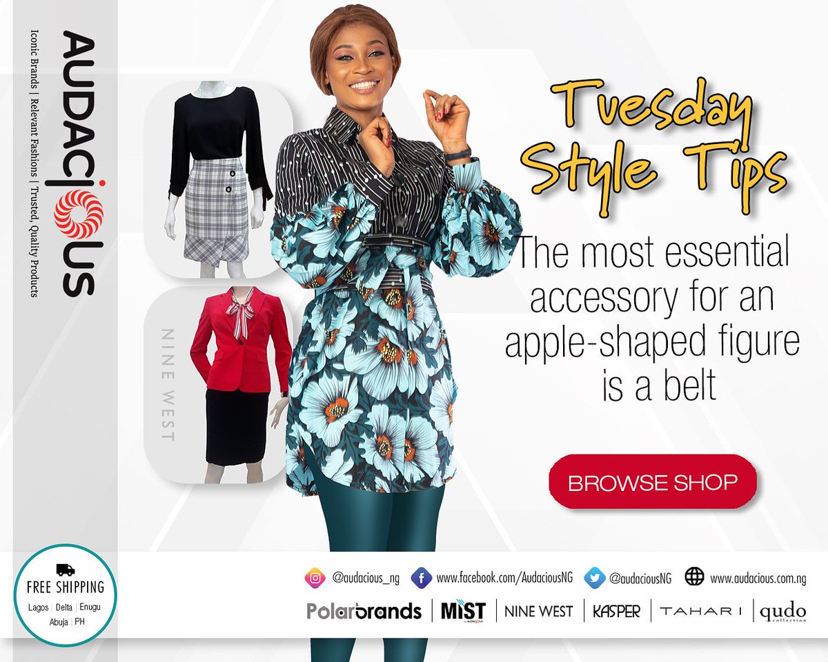 AudaciousNG's tweet photo. Tip for apple-shaped ladies; your most essential accessory is your belt. Shape up with the best fashion brands and styles in all sizes. Available at Audacious! Be Audacious. Buy Audacious! 
#fashionessentials #accessories #belt #allsizes #bestbrands https://t.co/ZgdkIIo5bR