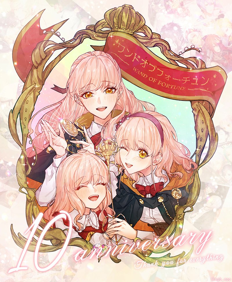 multiple girls hairband pink hair smile yellow eyes long hair one eye closed  illustration images