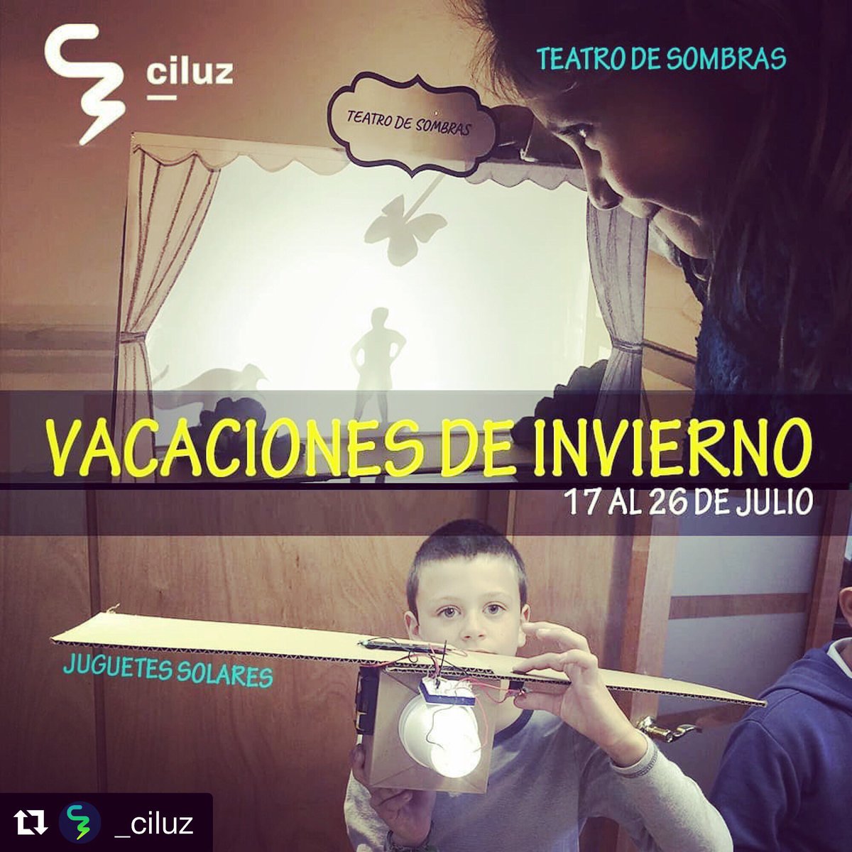 No sabes que harán tus niños para las vacaciones de invierno? En Ciluz haremos dos talleres increíbles: “Construyendo mi teatro de sombras” y “Juguetes Solares” 
Inscripciones a cursos@ciluz.cl