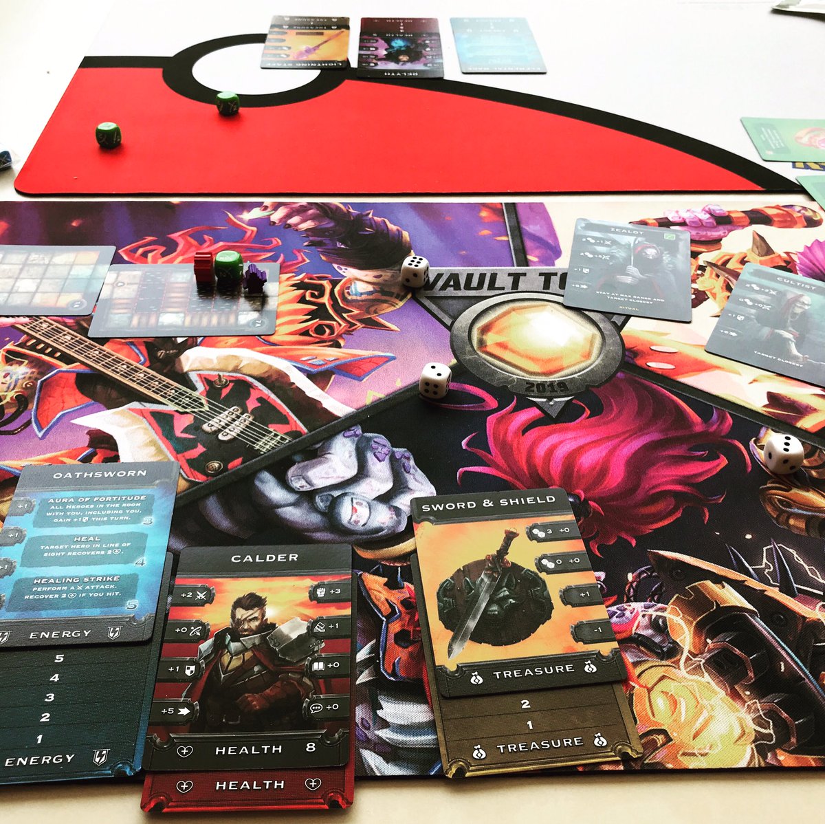 TristanGreaves's tweet photo. First play of Deck Box Dungeons at lunchtime. Sadly, Calder bought the farm on only the second room. The fact we realised afterwards we were misreading the rules and he should have lived will not give solace to his family. #boardgames #cardgames #deckboxdungeons #ripcalder https://t.co/1rBLXLuMAZ