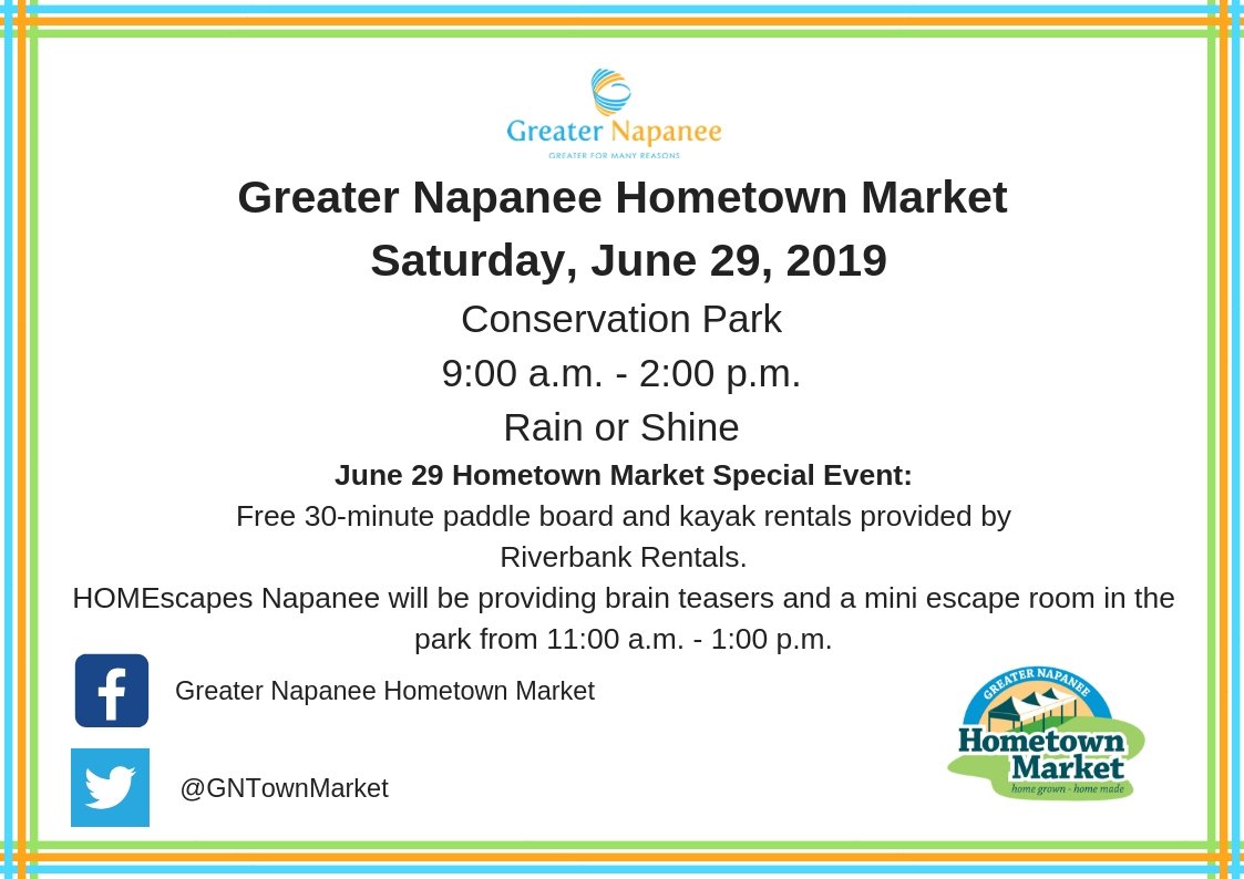 This Saturday's pop-up events:
Free 30 minute rentals from Riverbank Rentals will be available between 11:00 a.m. - 1:00 p.m. 
From 11:00 a.m. - 1:00 p.m. HOMEscapes Napanee will have tons of fun puzzles set up in a mini escape room. #HandMadeHomeGrown
