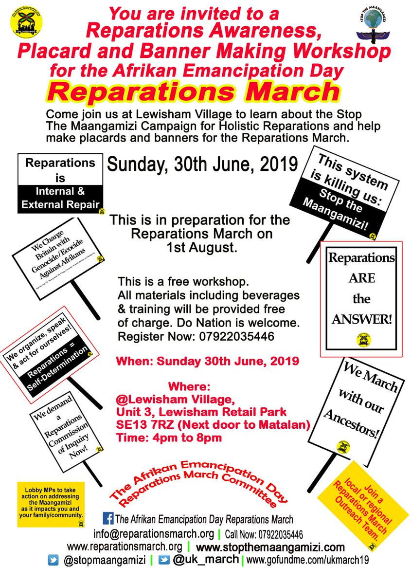 ExtinctionR's tweet photo. Join @STOPMAANGAMIZI for a #reparations awareness and banner making session June 30 from 4 PM to 8 PM at Lewisham Village in Greater London for the @uk_march. @Xosei will be presenting at the session.
#StopTheMaangamizi
#ReparationsMarch2019
@ParcoeInfo https://t.co/p0853mpyZH