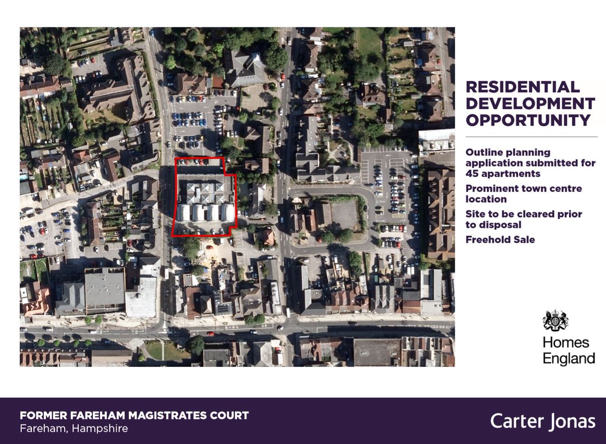 Marketing has commenced for an excellent <a href="/HomesEngland/">Homes England</a> site with capacity for 45 apartments in Fareham town centre, Hampshire. Perfect site for an #SME developer or an #RP. Please contact Ryan Harris <a href="/CarterJonas/">Carter Jonas</a> for more info. Data room: formerfarehammagistratescourt.com/en/login.php?c…