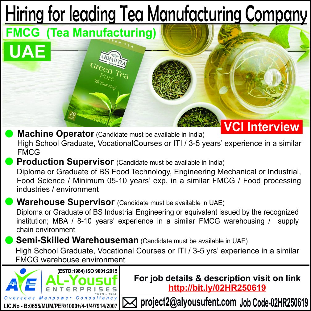 safwanyshaikh's tweet photo. 02HR #Hiring #Industry #Tea_Manufacturing #FMCG #UAE
#Machine_Operators
#Production_Supervisor
#Warehouse_Supervisor
#Semi_Skilled_Warehouseman
#JDlink https://t.co/NZFQHPpXWs
#AlYousufGulfJobs #Hiring #Recruiting #Manpower #Gulf #EastEurope @safwanindia @MohammedArfanY1 https://t.co/EQTEhLbExw