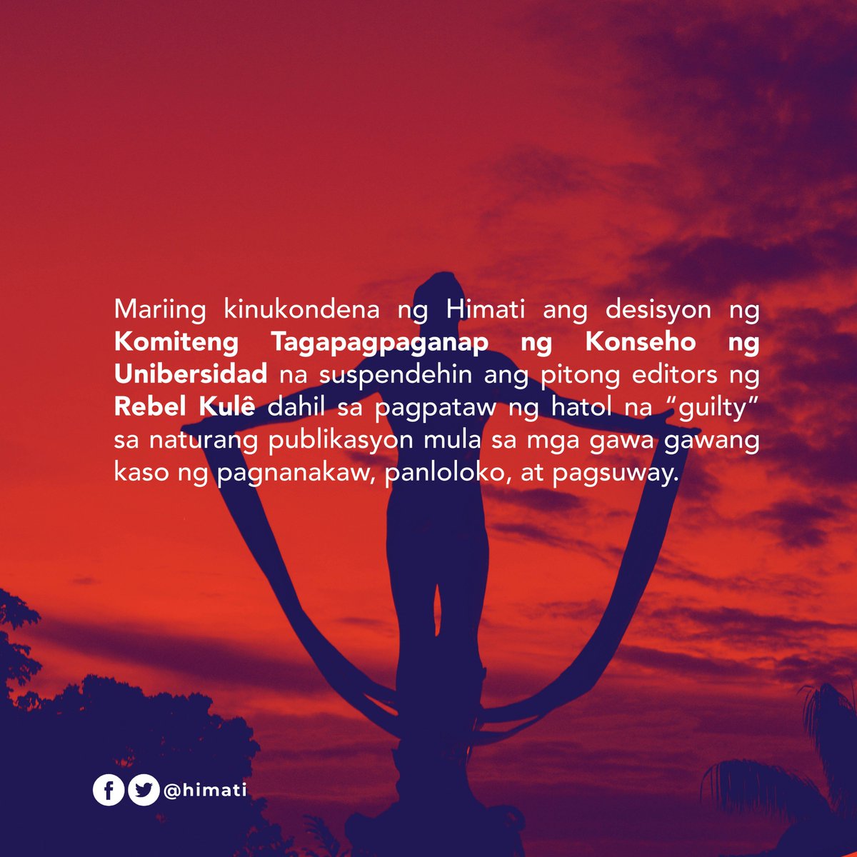 himati's tweet photo. OPISYAL NA PAHAYAG NG HIMATI UKOL SA PAGSUSPENDE SA MGA PATNUGOT NG REBEL KULÊ
Sama sama nating isulong ang karapatan sa malayang pamamahayag!
READ: https://t.co/axXPD88Ti1
#UptheRev #DefendKule #DefendPressFreedom https://t.co/uxW2BxNGC8