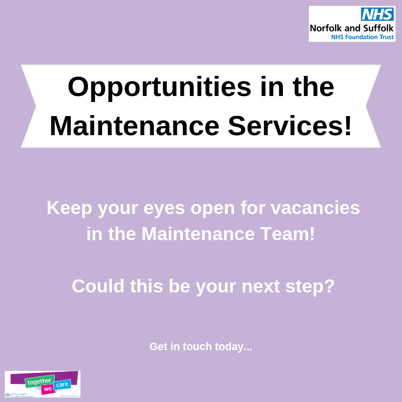 If you know someone who would be a great fit for the Maintenance Team, tell them about our upcoming vacancies!
bit.ly/NSFTJobs
#TogetherWeCare #GettingBetterTogether #NSFT #NHS #MaintenanceServices