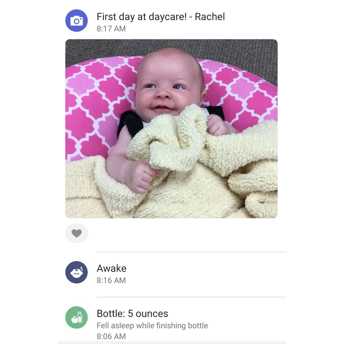 AmandaLeaLinder's tweet photo. Mommy & Daddy aren't having as hard of time with Sid's first day of daycare when they send you updates like this 🙌 #firstdayofdaycare #sidneylouann https://t.co/8S1qSoX8AQ