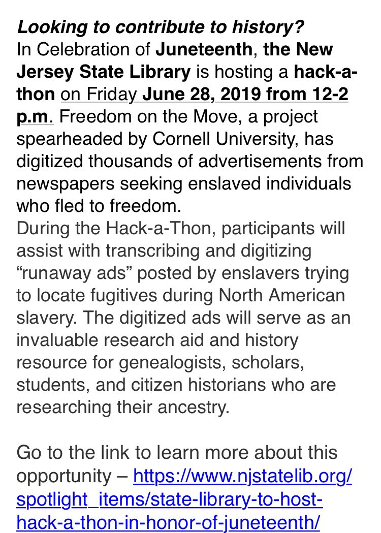 TheNJAmistad's tweet photo. #freedomonthemove #CornellUniversity project that is digitizing enslaved individual ads. You can help!  #njamistadcurriculum #njamistadcommission https://t.co/fPW3eqyStx