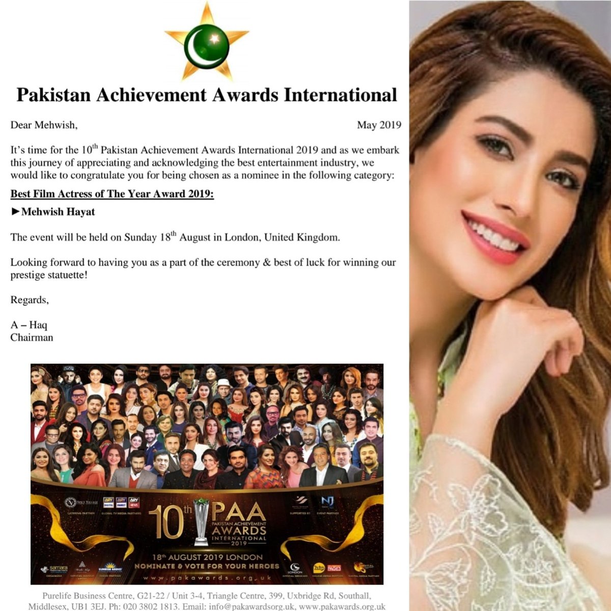 page3magazine3's tweet image. Mehwish Hayat nominated for Best Film Actress of The Year Award 2019. Best wishes. 10th Pakistan Achievement Awards International on Sunday 18th August in London. Nominate and vote for your heroes pakawards.org.uk
@samaraeventsuk 

#10thPAA2019 #PAA #10thPAA