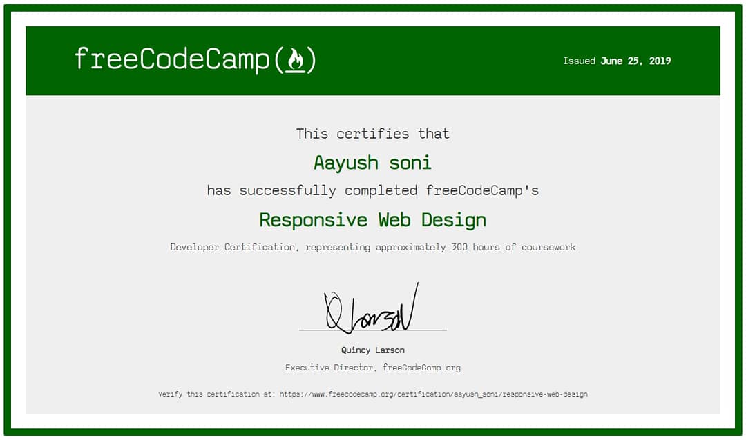 Certification Responsive Web Design

Thank you @freeCodeCamp

#HTML #CSS #RESPONSIVEWEBDESIGN #RESPONSIVEWEBDEVELOPMENT #webdesign #webdeveloper #coding #code #webdevelopment #codingworld #hourofcode #freecodecamp #certificates