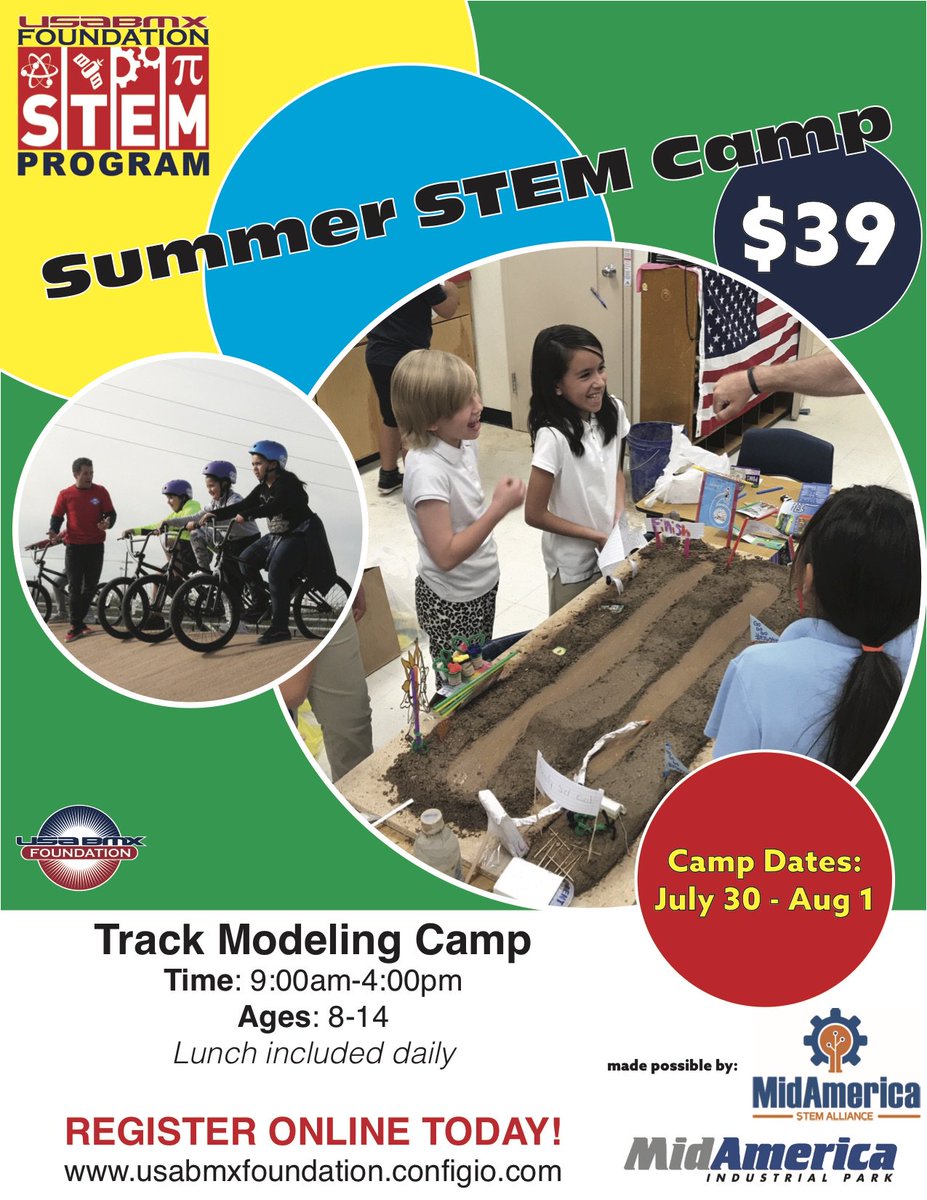 There is still time to register for the BMX STEM Camp happening this summer, July 30th-August 1st! It is an incredible opportunity to learn and explore new ideas about science, as well as the incredible sport! Registration information below! #STEM #USABMXFoundation