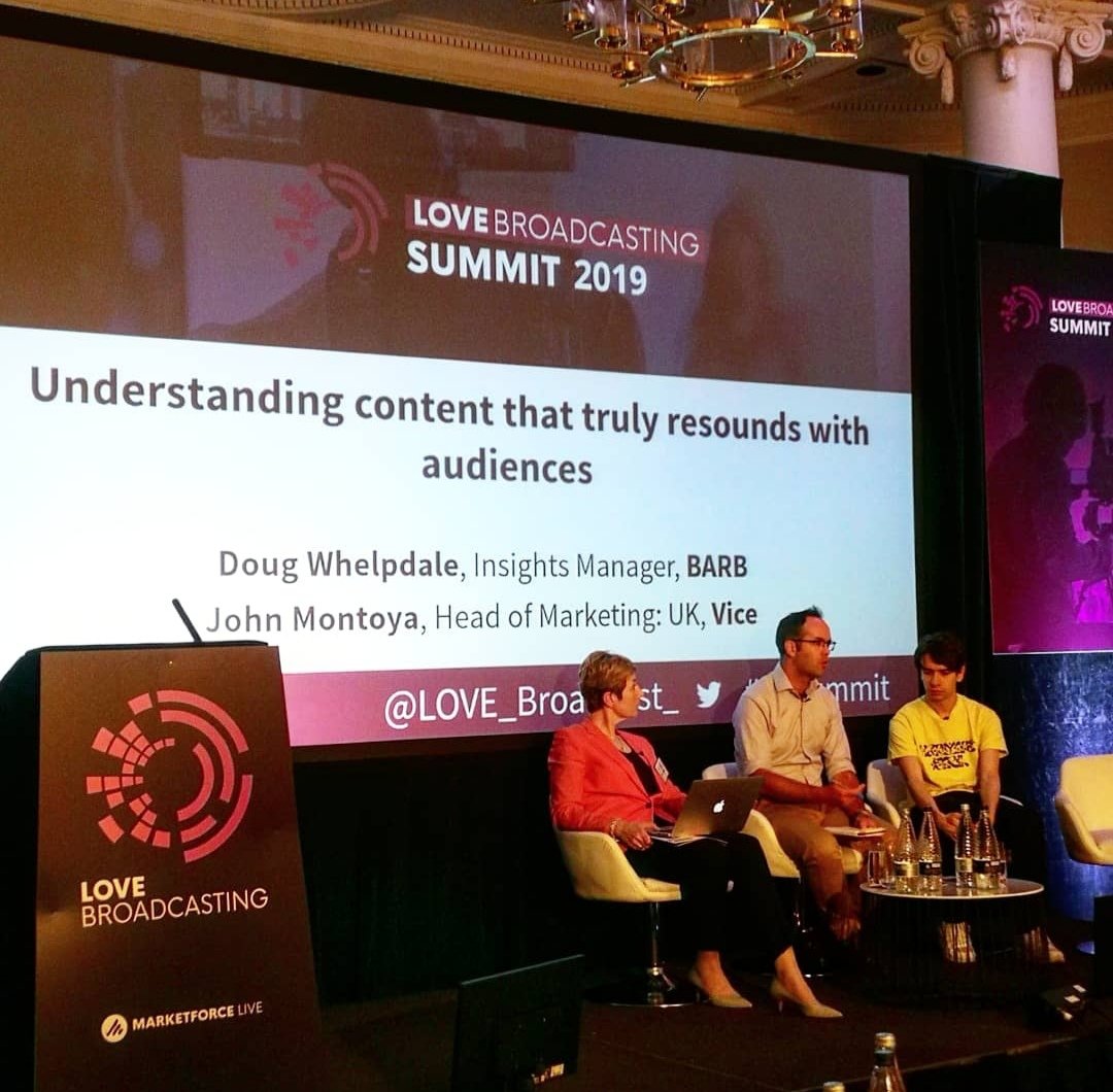Fascinating discussion between Doug Whelpdale of @BARBtelevision  and John Montoya of <a href="/VICEUKmedia/">VICE Media</a> about understanding #data and what #audiences are watching #LBSummit