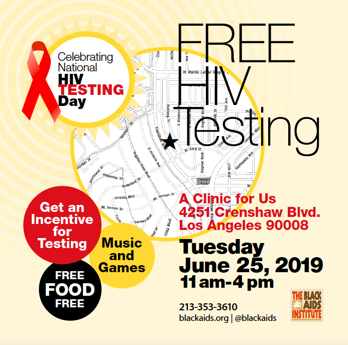 Hello LA! In honor of #NationalHIVTestingWeek, TODAY, June 25 #blackaids' A Clinic For Us will be providing FREE HIV TESTING, free food, music &amp; games. So take control, know your status, &amp; be empowered. #DoingItMyWay Learn more about A Clinic For Us: bit.ly/2ZKKyLh