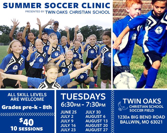TwinOaksCS's tweet photo. Tonight is the first night of the TOCS Summer Soccer Clinic! Join us on the soccer field at 6:30! All skill levels are welcome, Grades pre-k - 8. $40 for 10 sessions, which run through August 27. https://t.co/ckgfl8iEsq