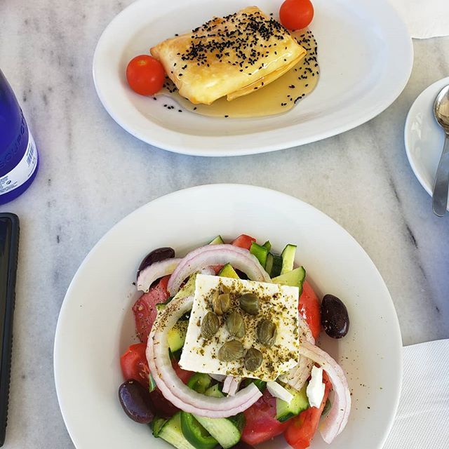 Today's menu: classic greek salad and baked feta with honey! Amazing! Going to miss this incredible place and food.
.
.
.
#santorini #greece #greekfood #greektravel #traveling #cruisingadriatic #mediterraneanfood #greeksalad #bakedfeta #fetacheese bit.ly/2YfXs3U