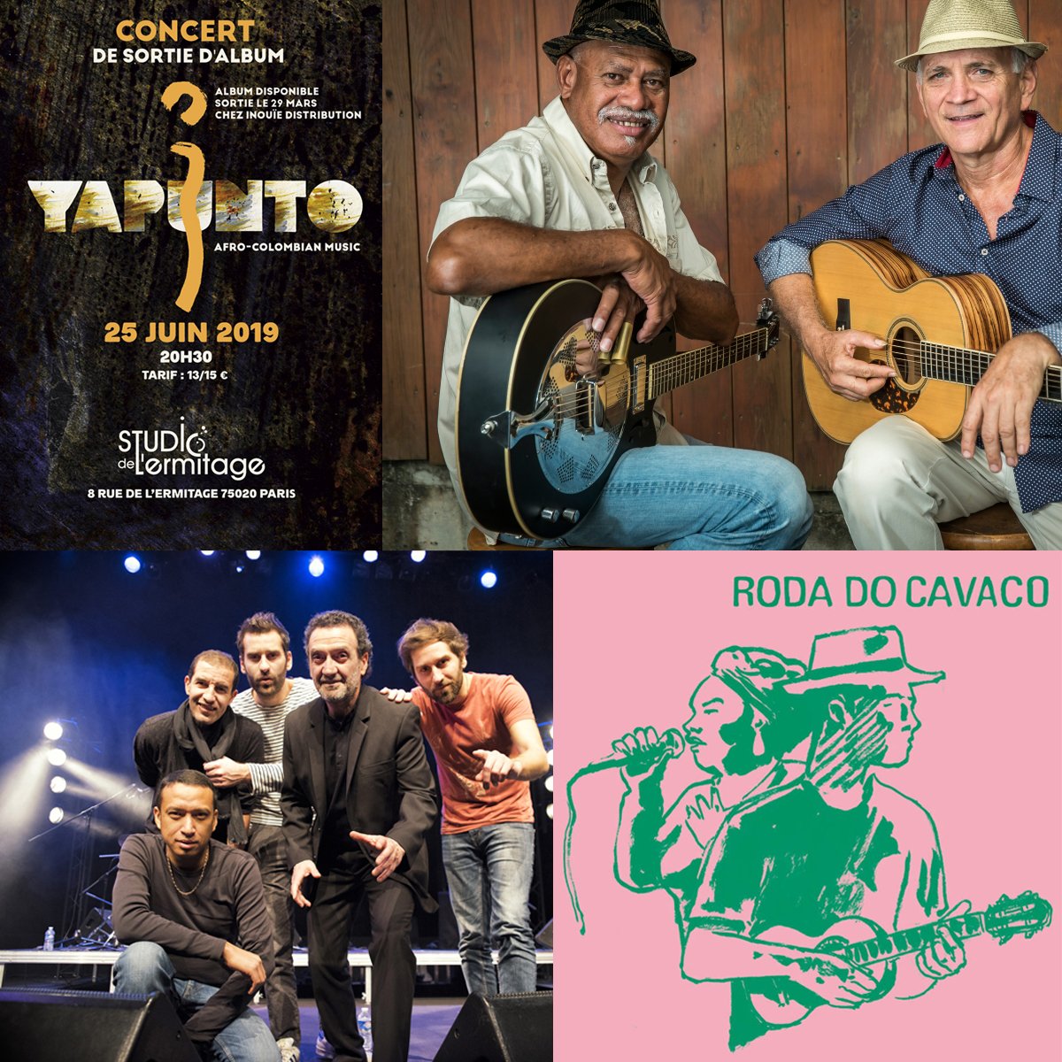 En cette semaine de canicule, venez vous rafraîchir au Studio de l'Ermitage en buvant un verre ou simplement en profitant de la clim, au rythme des groupes ci-dessous ☀️
►Ce soir : Yapunto
►Mercredi 26 : Kaori 
►Vendredi 28 : Sidi Bémol 
►Dimanche 30 : Roda do Cavaco