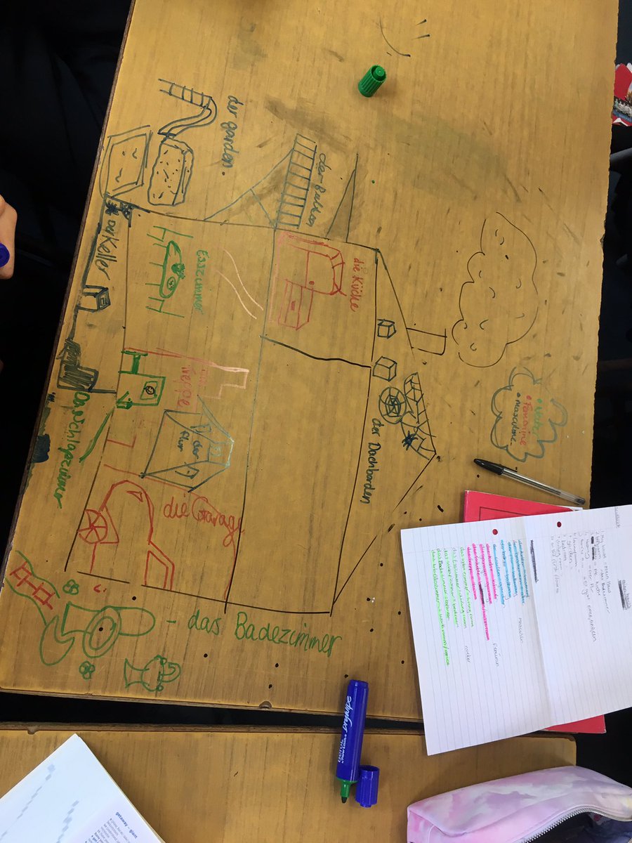 TrinitySchMFL's tweet photo. Year 8 learning how to say rooms in the house in German by drawing their ‘ideal’ house on the desks! https://t.co/qVMdCURv6z