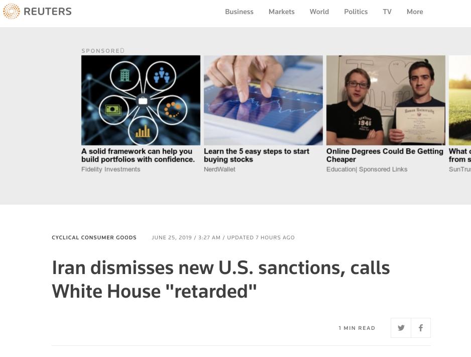 rezahakbari's tweet photo. Rouhani stated that the "White House has been stricken by a mental disability." I am not sure why that has been translated as "retarded" by some English media sources. #Iran https://t.co/dFmaKt9r6s