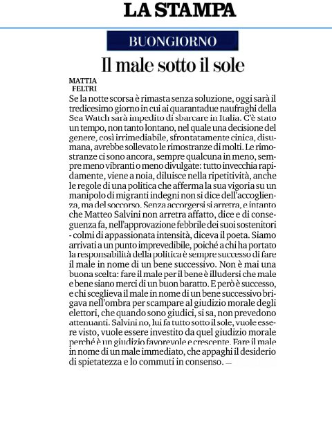 SeaWatchItaly's tweet photo. “Fare il male in nome di un male immediato, che appaghi il desiderio di spietatezza e lo commuti in consenso”.

Il male sotto il sole, Mattia Feltri su @LaStampa 👇🏼

#SeaWatch https://t.co/z0cQygJGcR